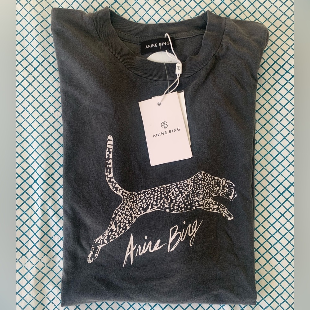 Anine Bing Charcoal Gray Short Sleeve Graphic Tee with White Leopard Motif - Picture 6 of 14